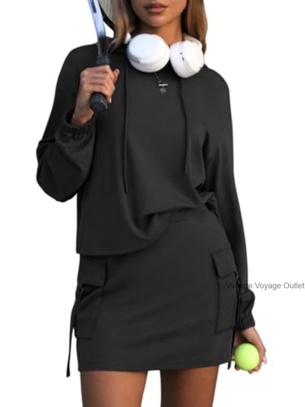 Women's 2 Piece Sweatsuit Set Hoodie Top & Cargo Skort Cotton Lounge Workout